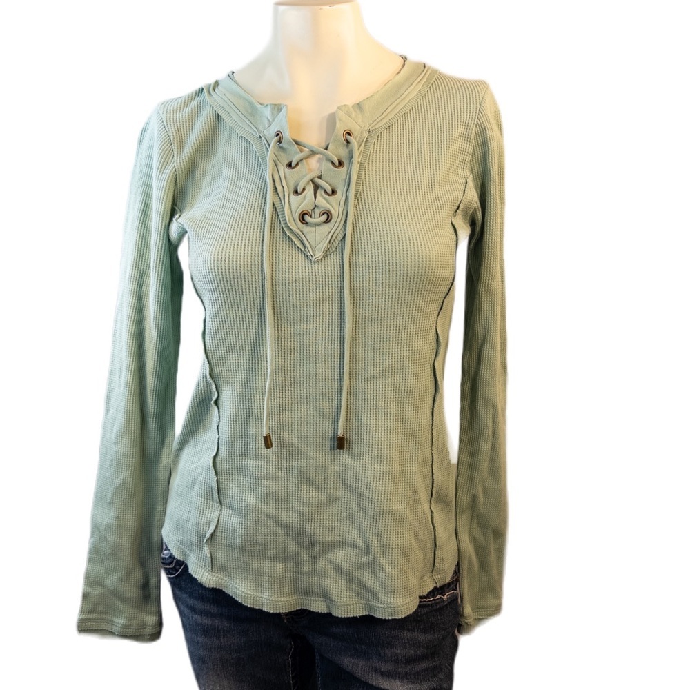 Sundance Small Top Sage Green Thermal Lace-Up Long Sleeve Raw Edge Like New